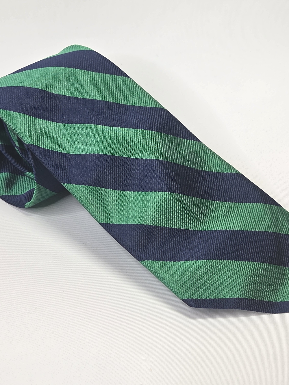 J. Crew Mens Green and Navy Blue Striped 100% Silk Repp Tie 3.25" W 60" L